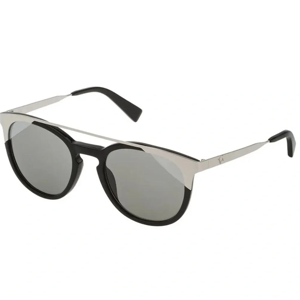 Furla Black & Silver Tone Full Rim Shiny Round Sunglasses w/ Havana Smoke Lens